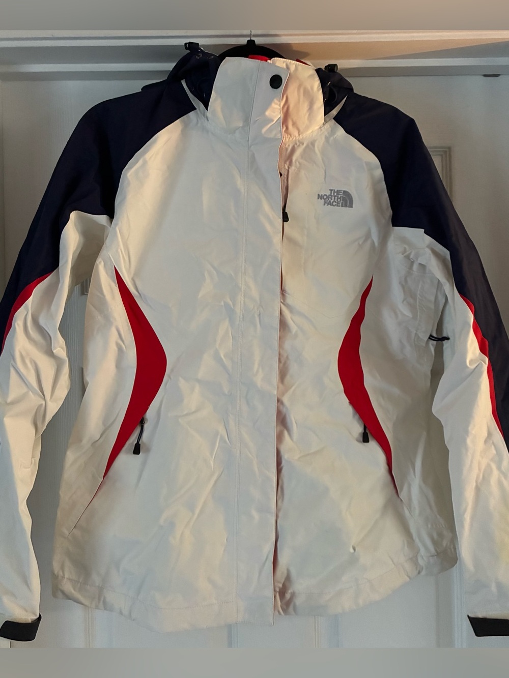 The North Face Hyvent Jacket Womens Medium White Red Blue Full Zip Shell